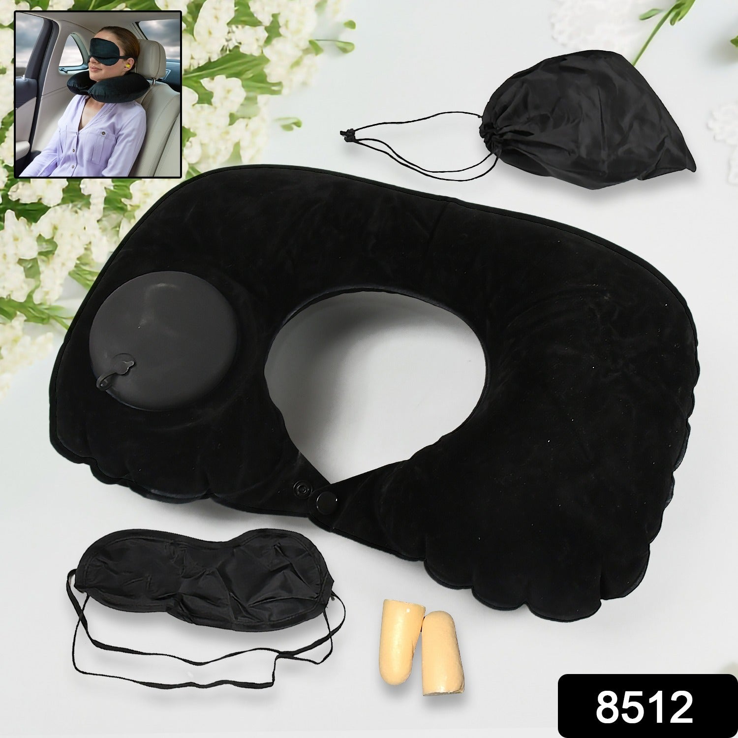 8512 3 in 1 Comfortable Travel Sleeping Kit, Neck Pillow, Eye Mask & Ear Plug Set Inflatable Plane Sleeping Pillow Head Neck Support Pillows for Travel Airplane Office, Black 8512 3 in 1 Comfortable Travel Sleeping Kit, Neck Pillow, Eye Mask & Ear Plug Set Inflatable Plane Sleeping Pillow Head Neck Support Pillows for Travel Airplane Office, Black